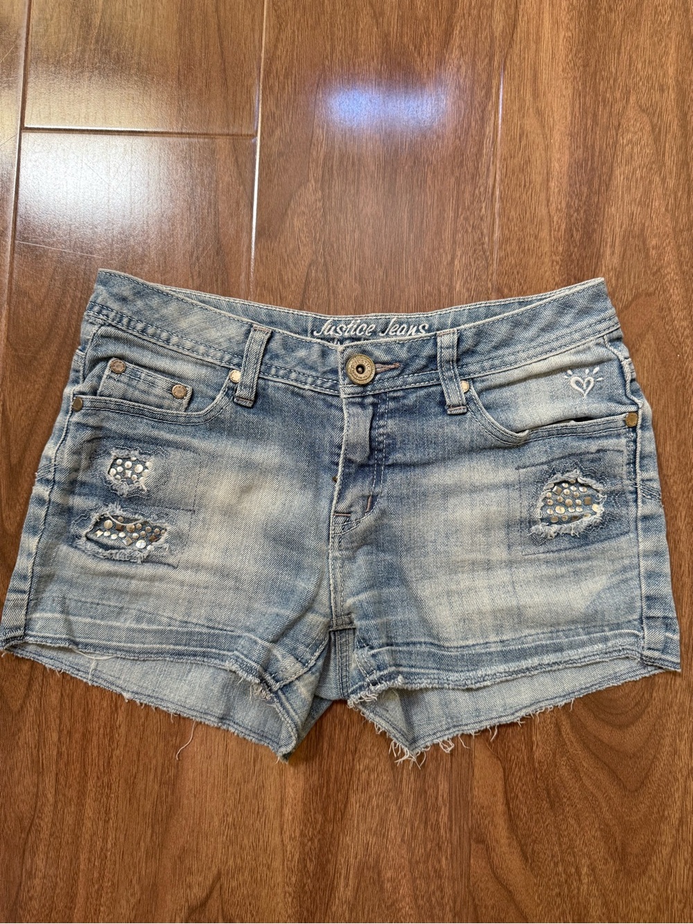 Justice Light Blue Distressed Denim Shorts with Studs